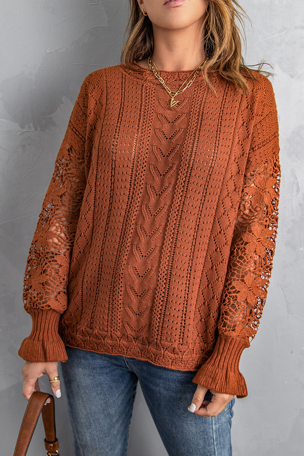 Blue Crochet Lace Pointelle Knit Sweater