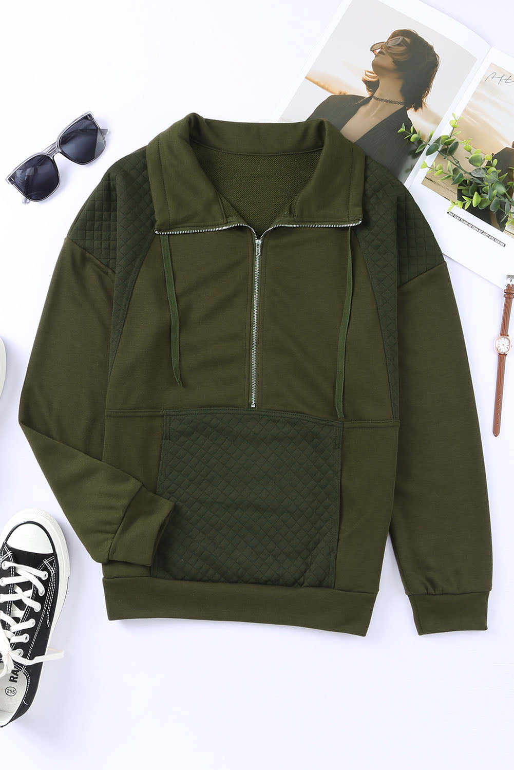 Quilted Patch Half Zipper Sweatshirt