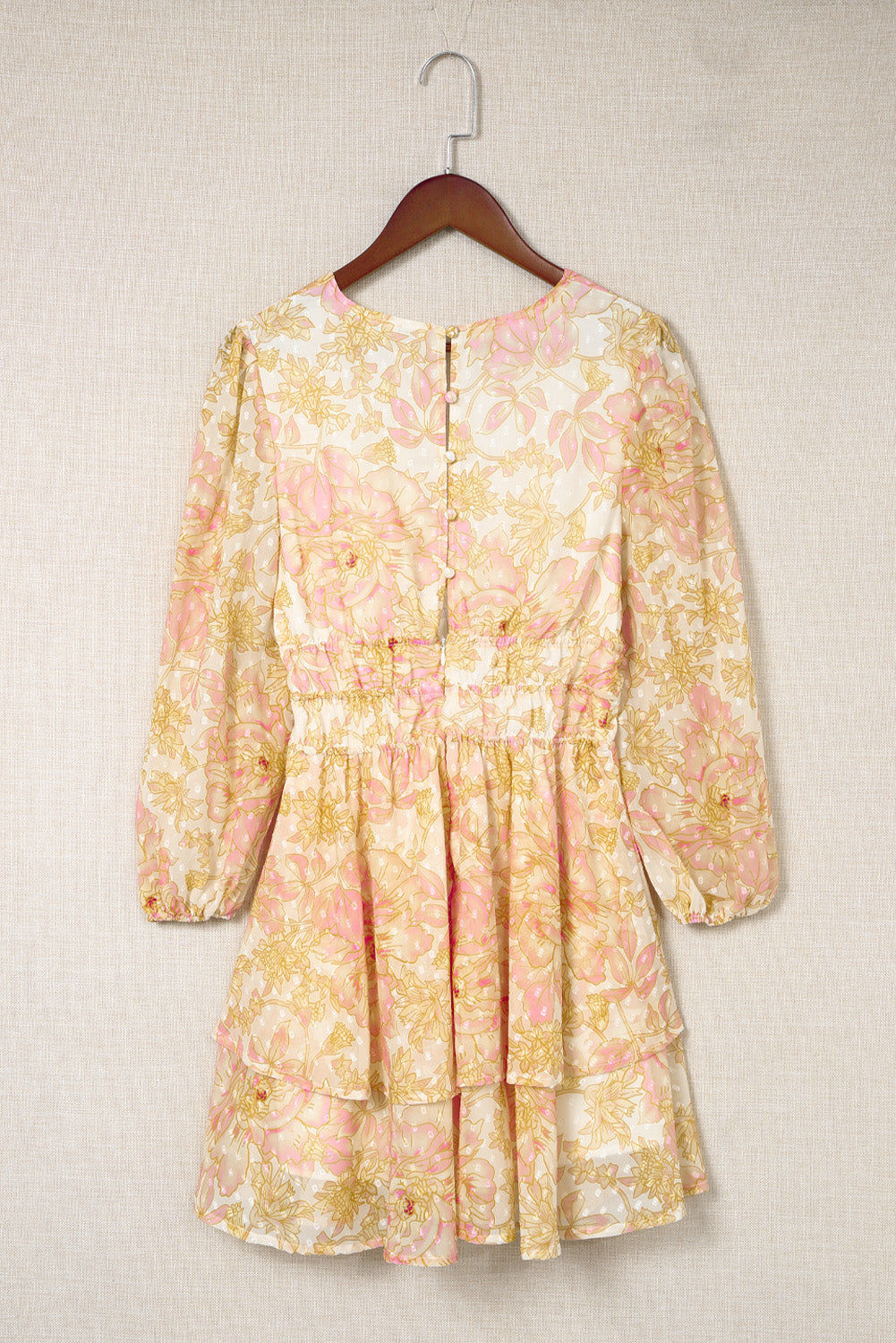 Yellow V Neck Long Sleeve Tiered Floral Dress