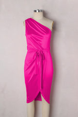 Rose Tie Waist One Shoulder Tulip Wrap Dress