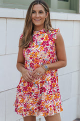 Red Ruffle Trim Tiered Sleeveless Floral Mini Dress