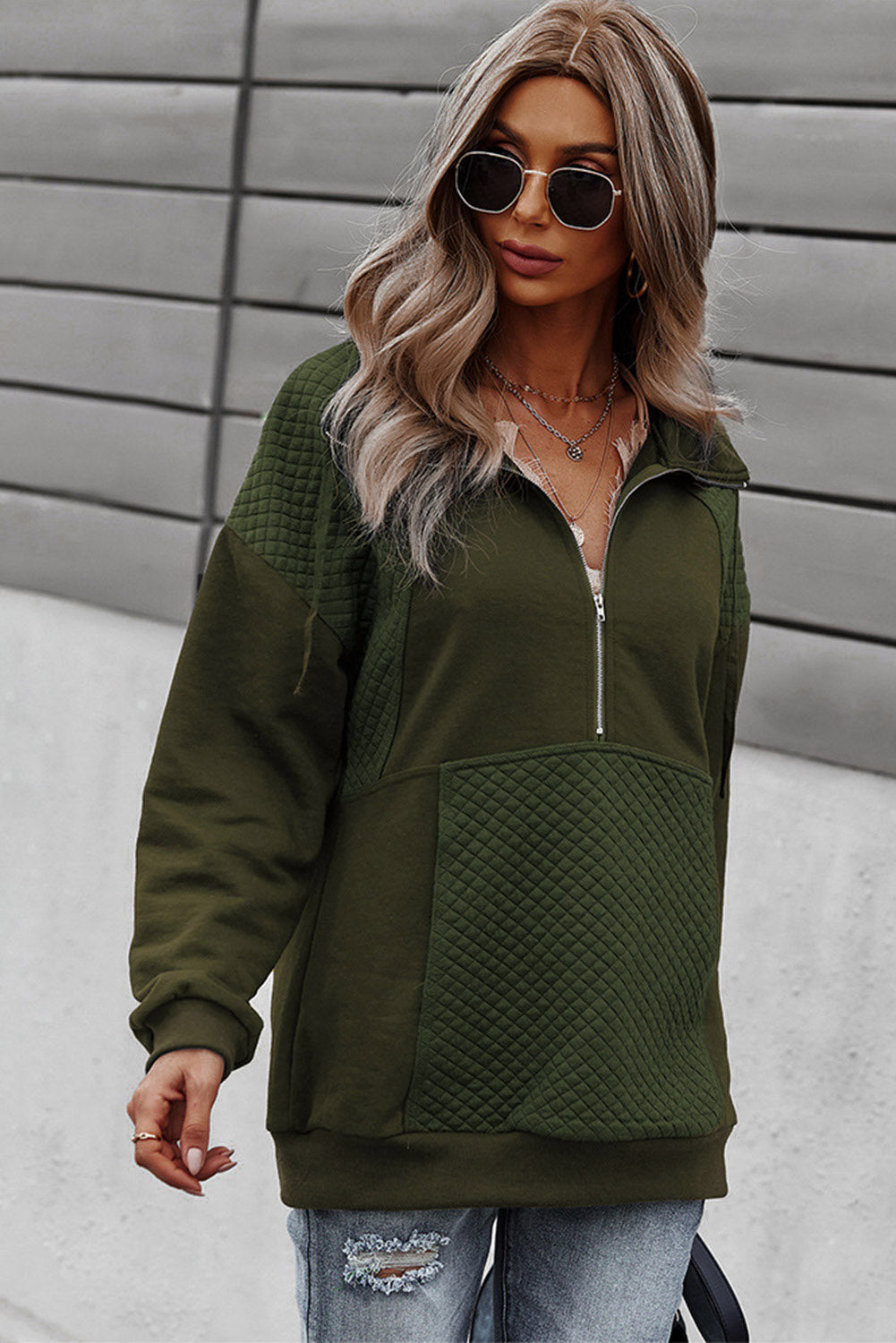 Quilted Patch Half Zipper Sweatshirt