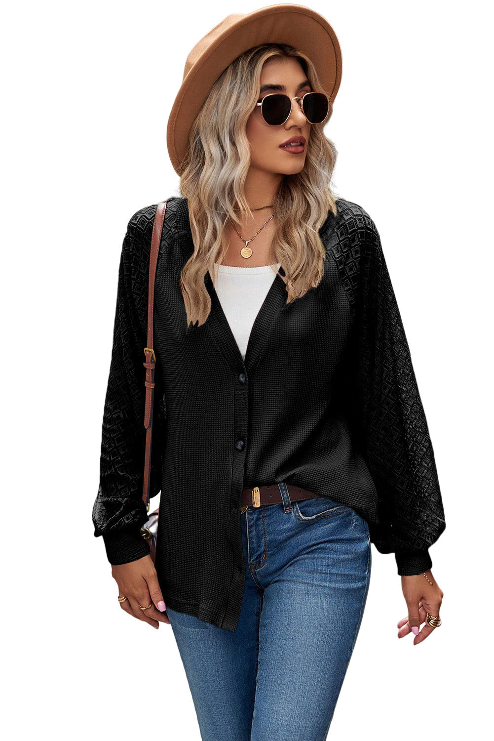 Waffled Knit Lace Long Sleeve Buttoned Cardigan