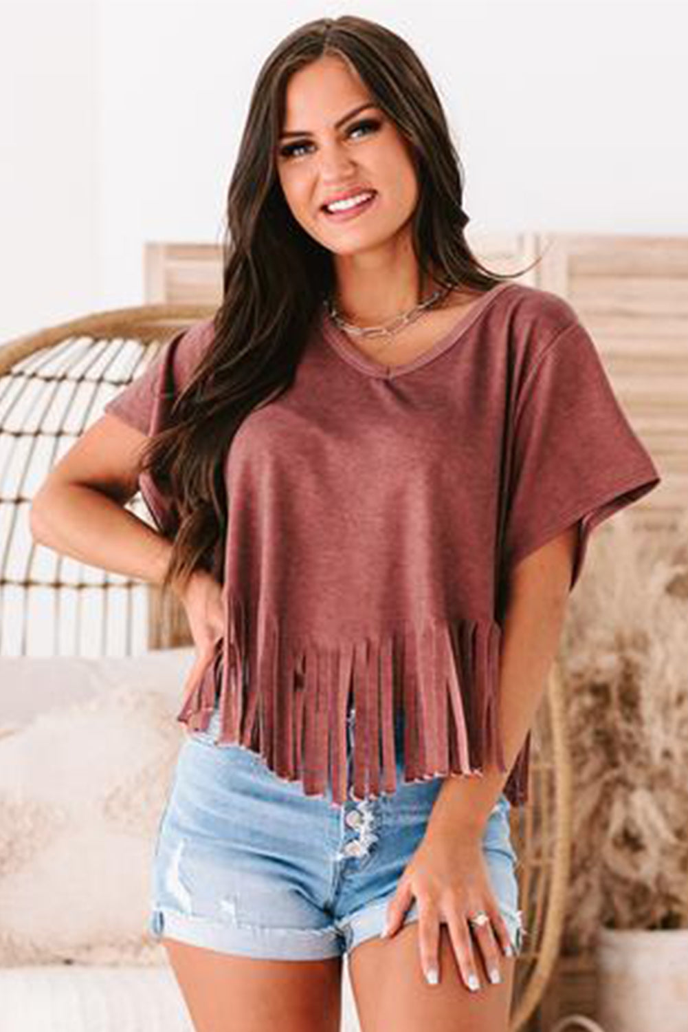 Black Fringe Hem V Neck T Shirt