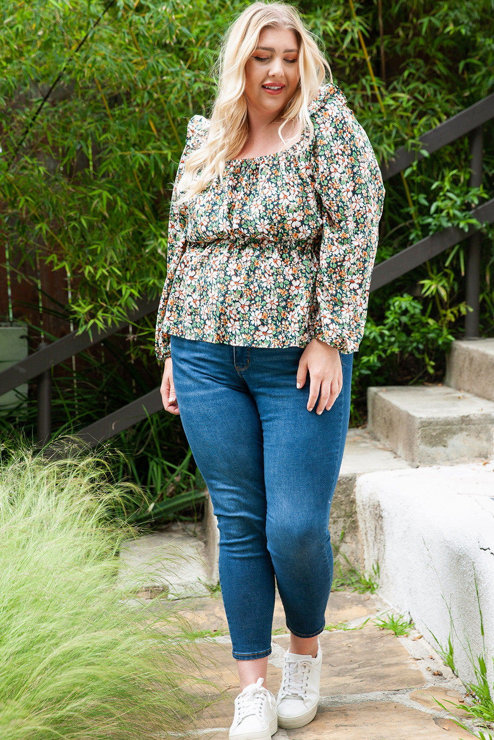Green Square Neck Floral Plus Size Peplum Top