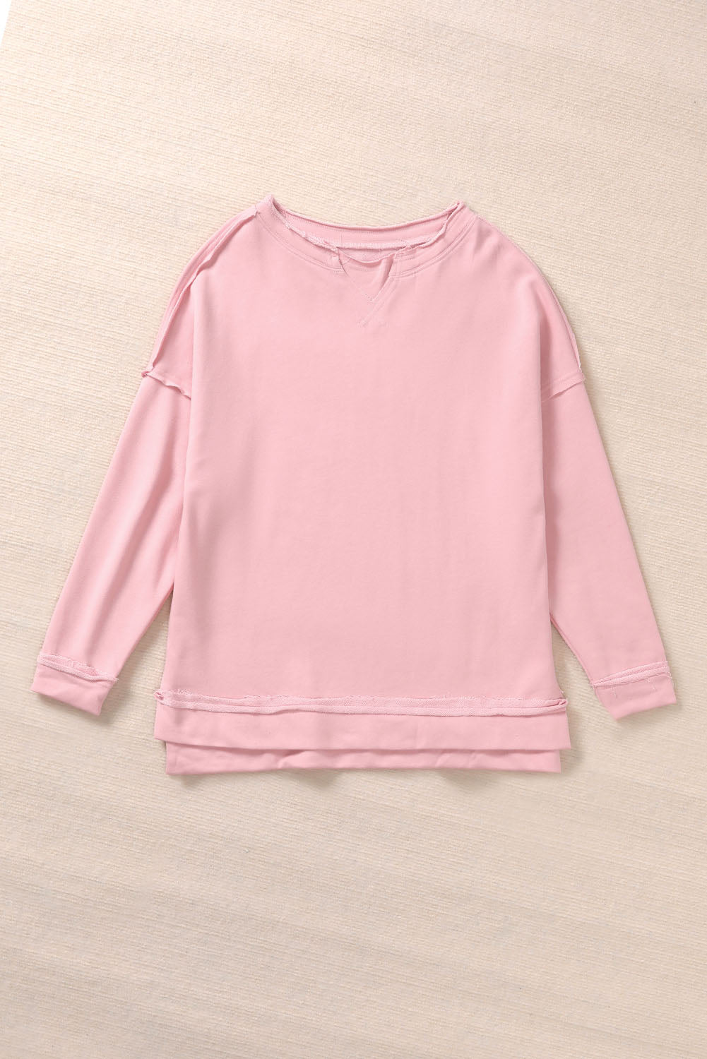 Pink Frayed Trim Side Slit Loose Sweatshirt