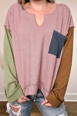 Pink Colorblock Rib Textured Loose Long Sleeve Top