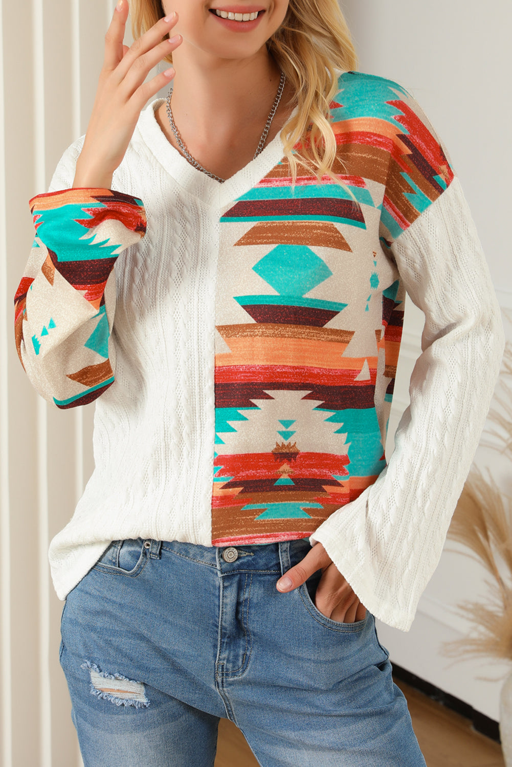 Beige Western Aztec Patch Textured Knit Top