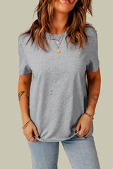 Gray Ripped Solid Color Short Sleeve T Shirt