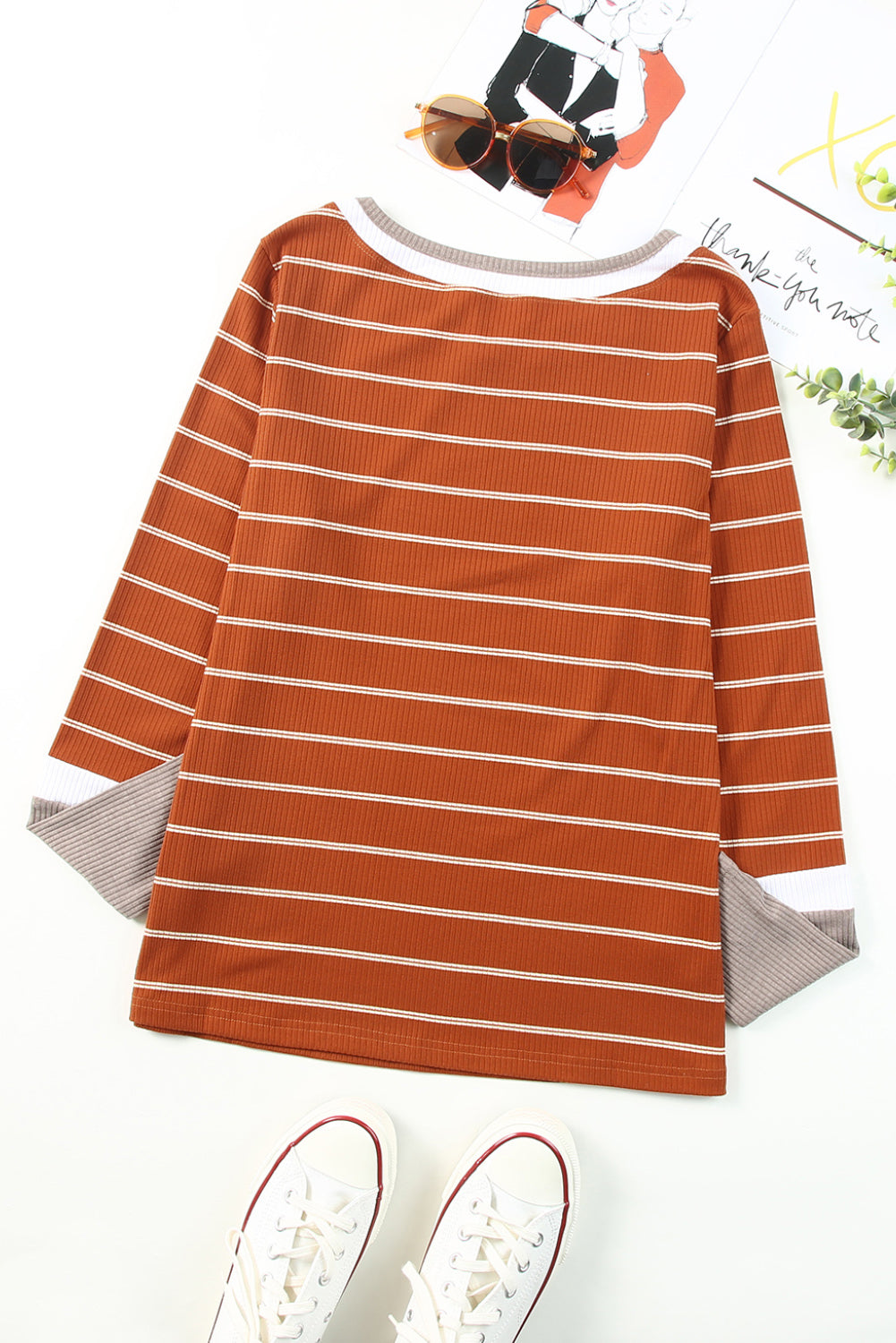 Blue Extend Color Block Cuffs Rib Knit Striped Pullover