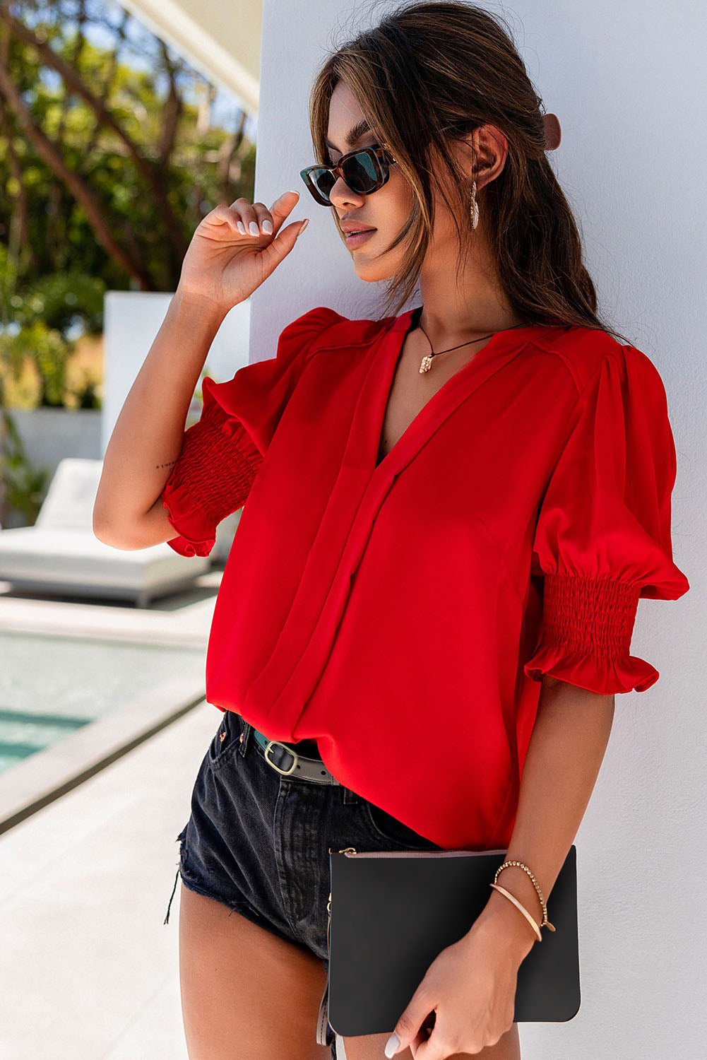 Red Solid Color Half Sleeve V Neck Blouse