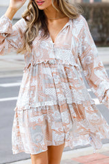 Multicolor Boho Print Long Sleeve Tiered Frilled Mini Dress