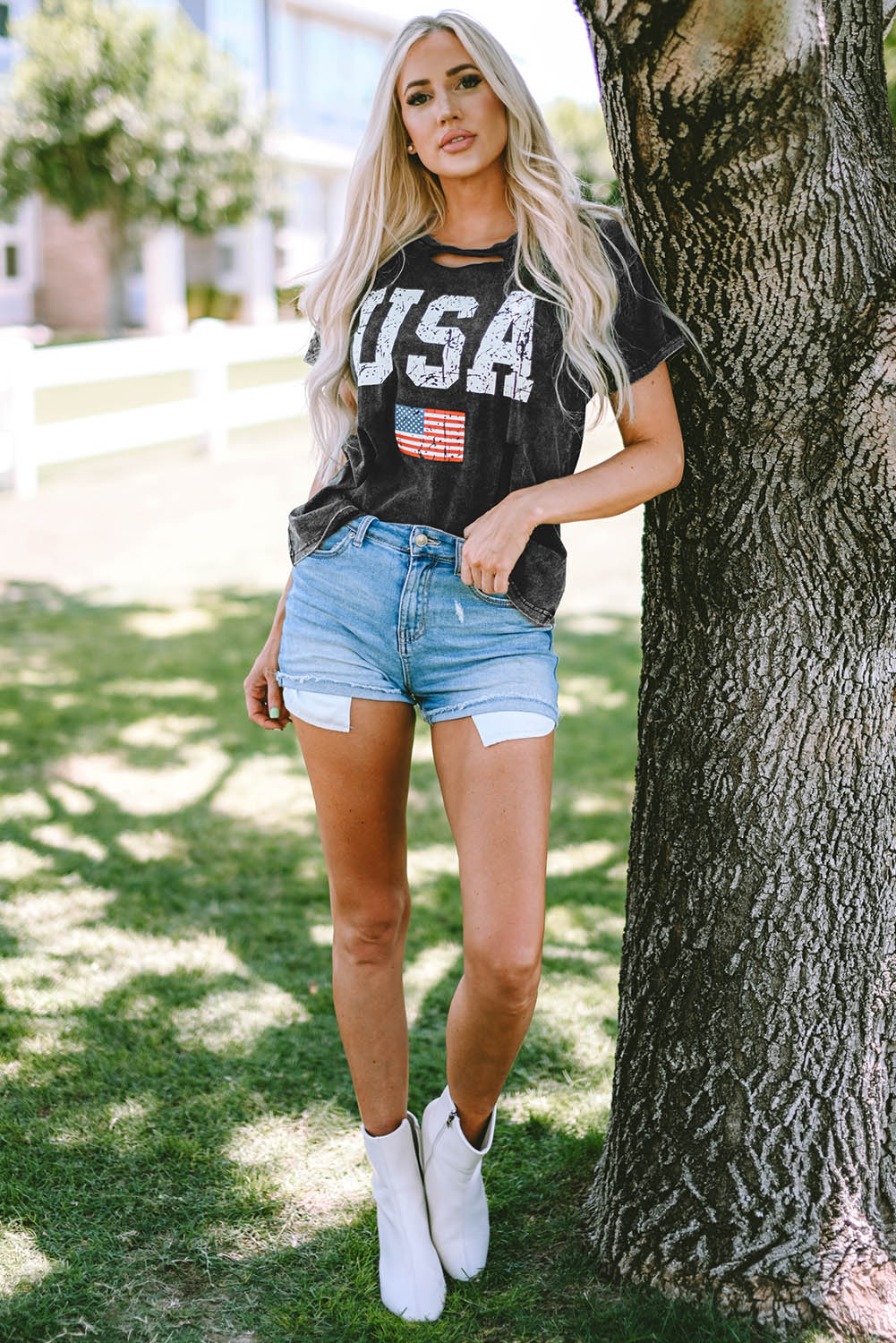 Black Distressed Tie-dye USA Flag Print T-shirt