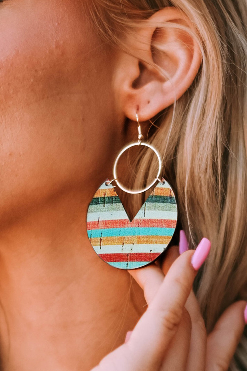 Multicolor Boho Striped Print Wood Drop Earrings