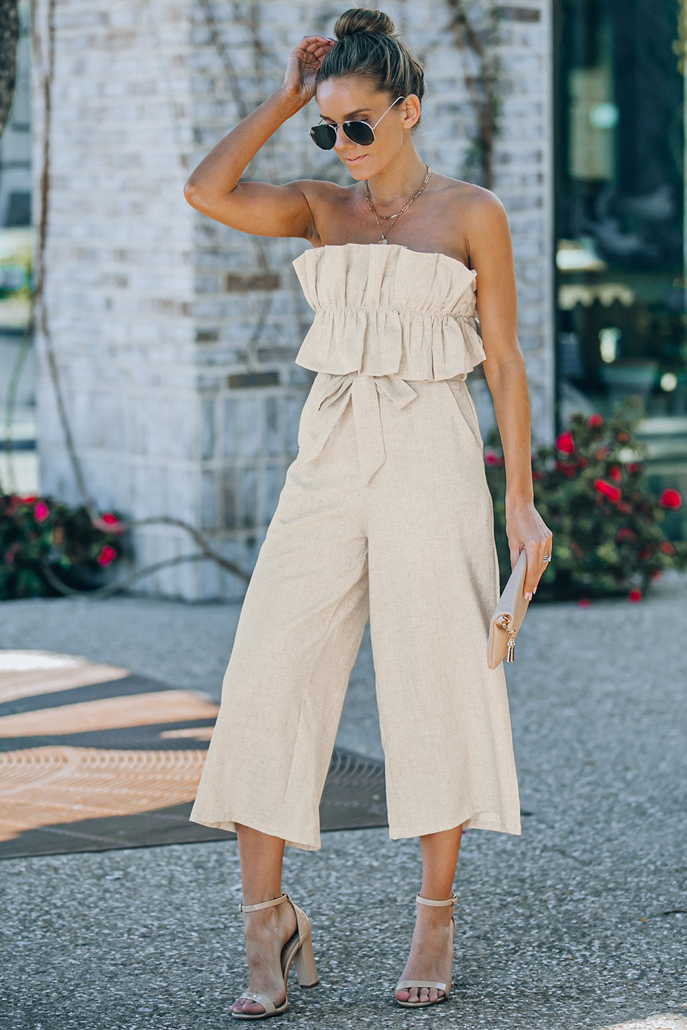 Black Ruffled Strapless Wide Leg Jumpsuit