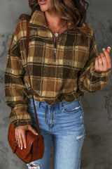 Brown Zip Collar Plaid Pattern Fleece Sweatshirt