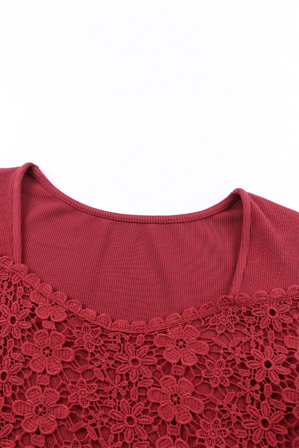 Red Lace Crochet V Neck Long Sleeve Top