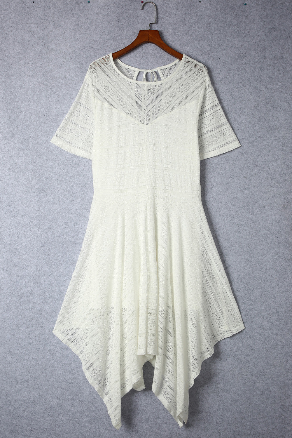 White Plus Size Lace Striped Texture Handkerchief Hem Dress