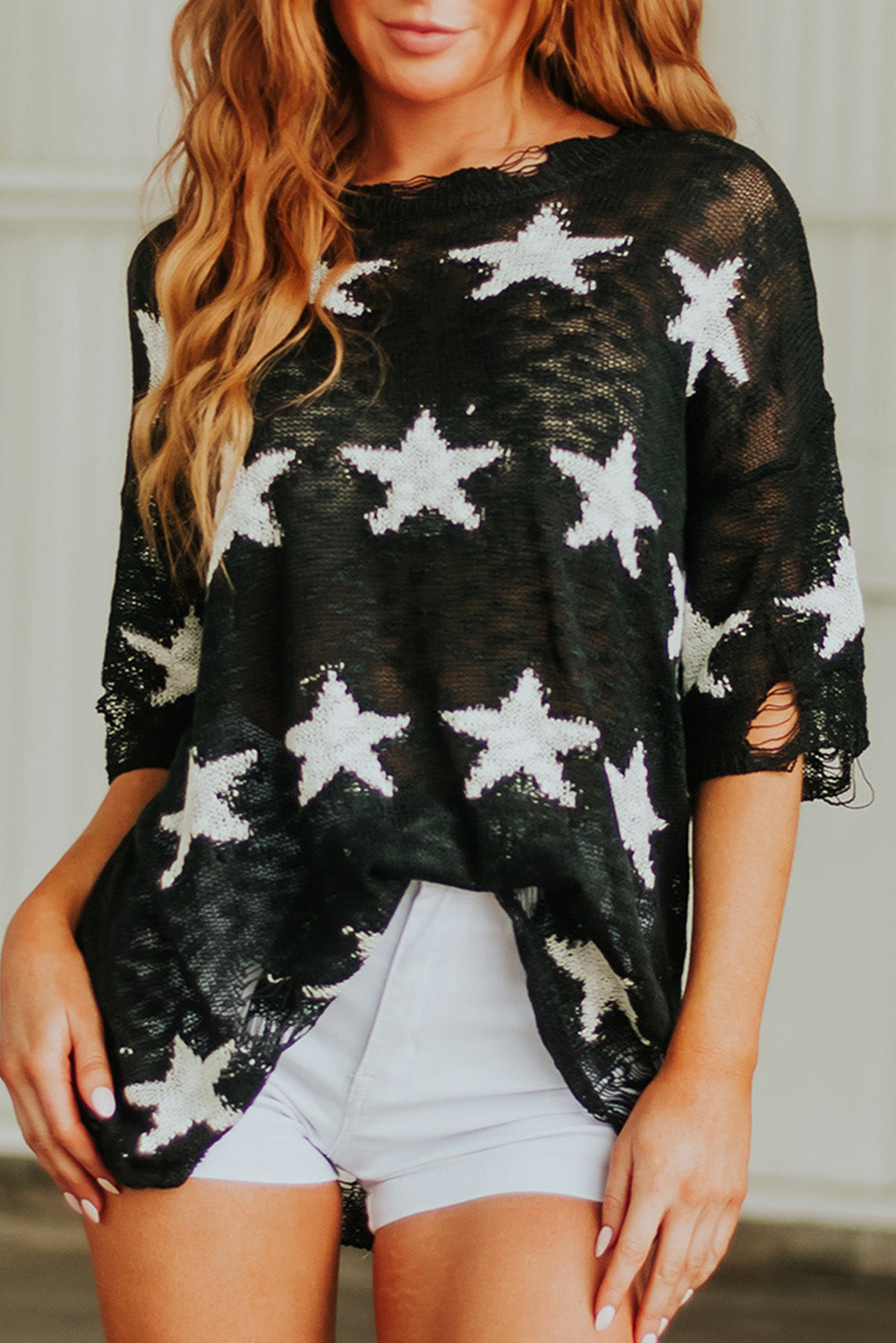 Black Star Print Half Sleeve Distressed Knit Top