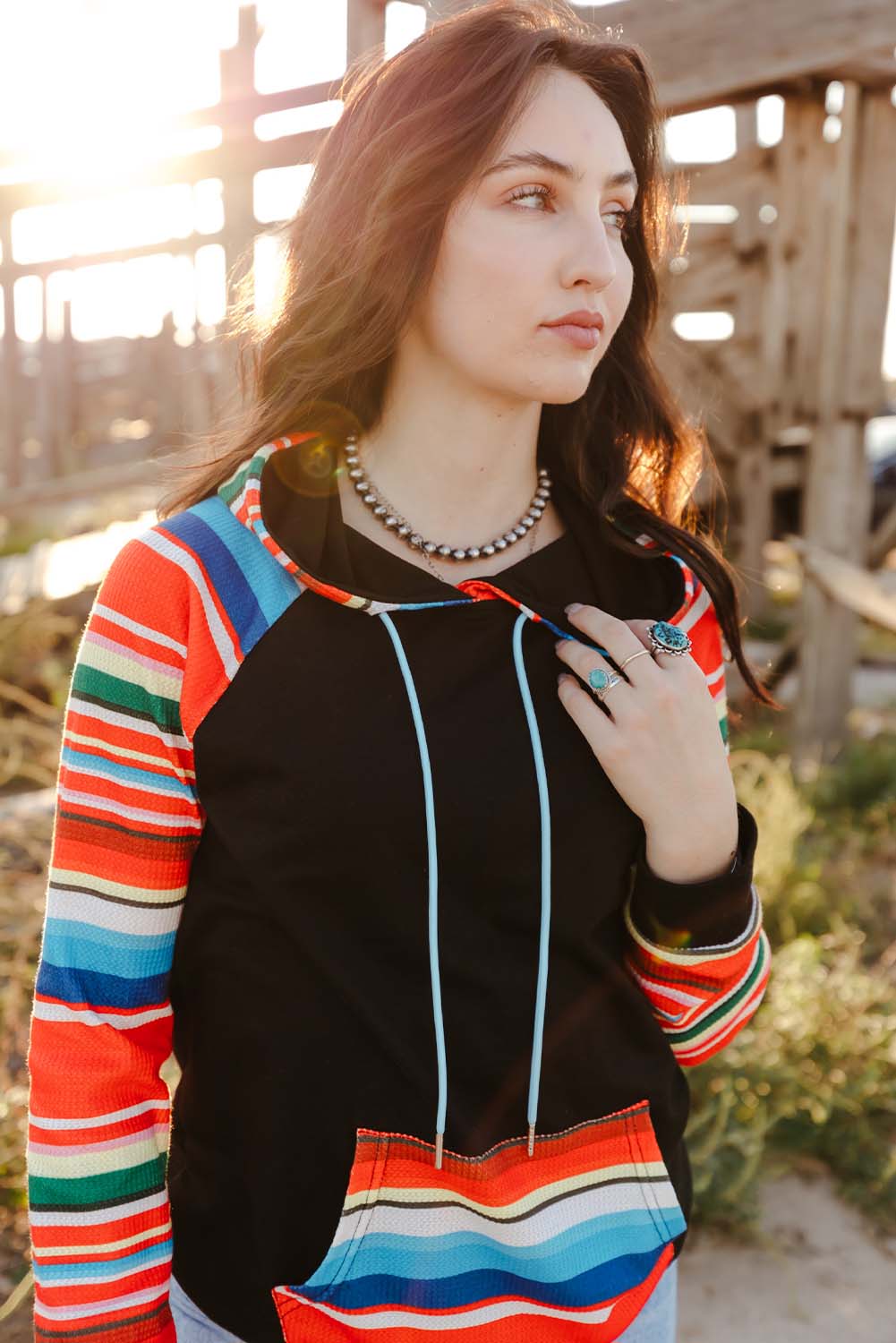 Multicolor Colorful Striped Patchwork Kangaroo Pocket Hoodie