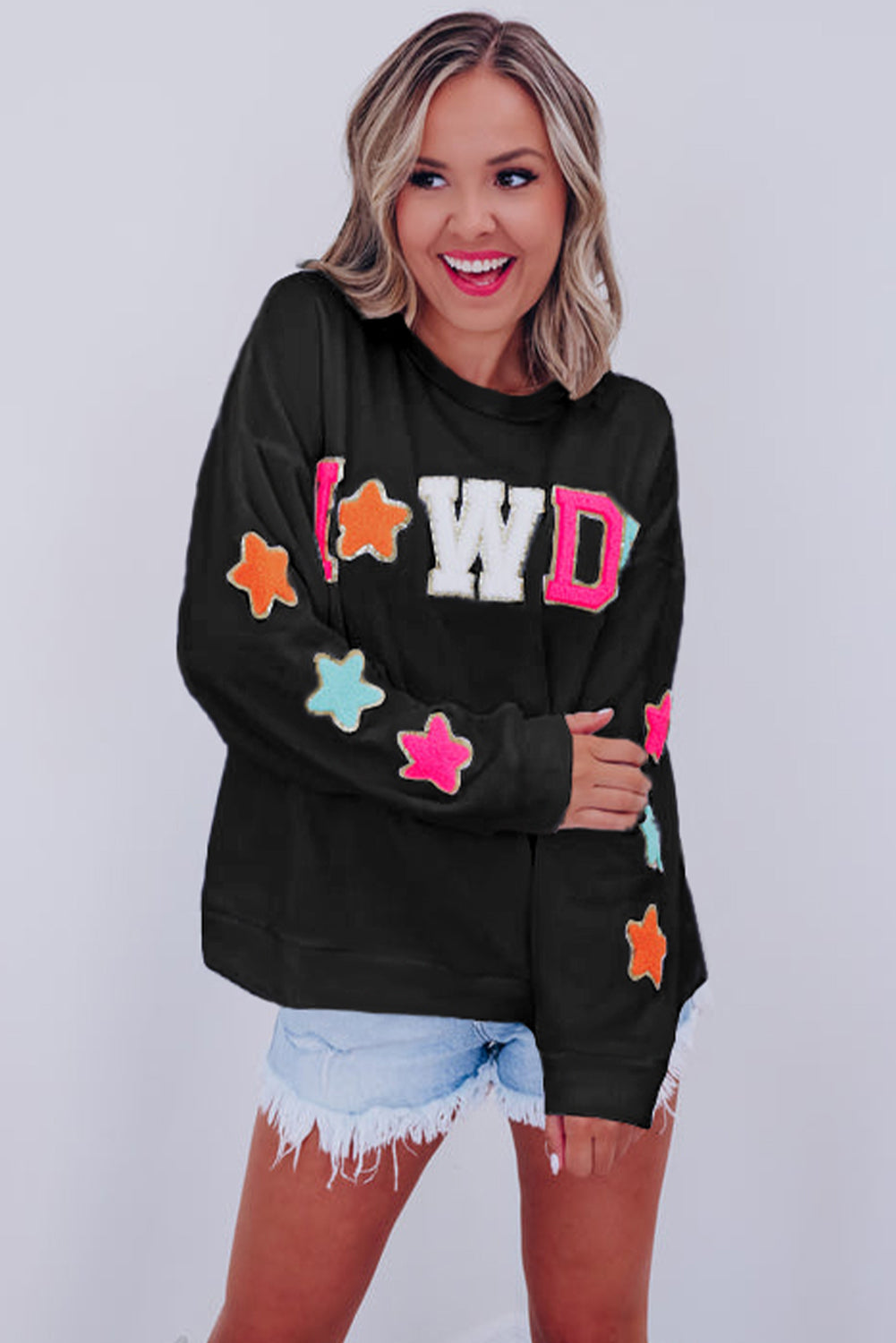 White Glitter Howdy Patch Graphic Casual Sweatshirt