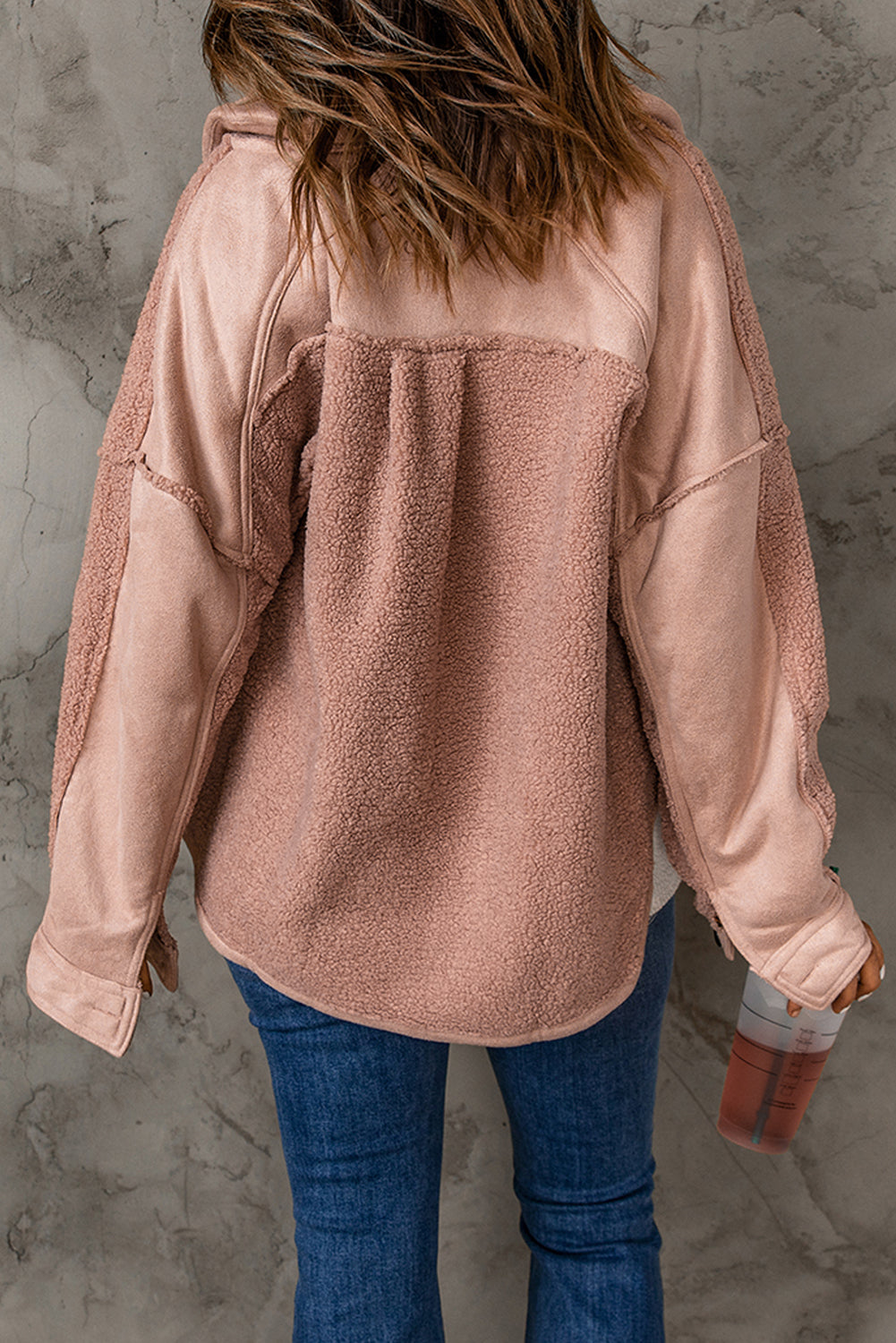 Pink Suede Sherpa Patchwork Buttoned Loose Jacket