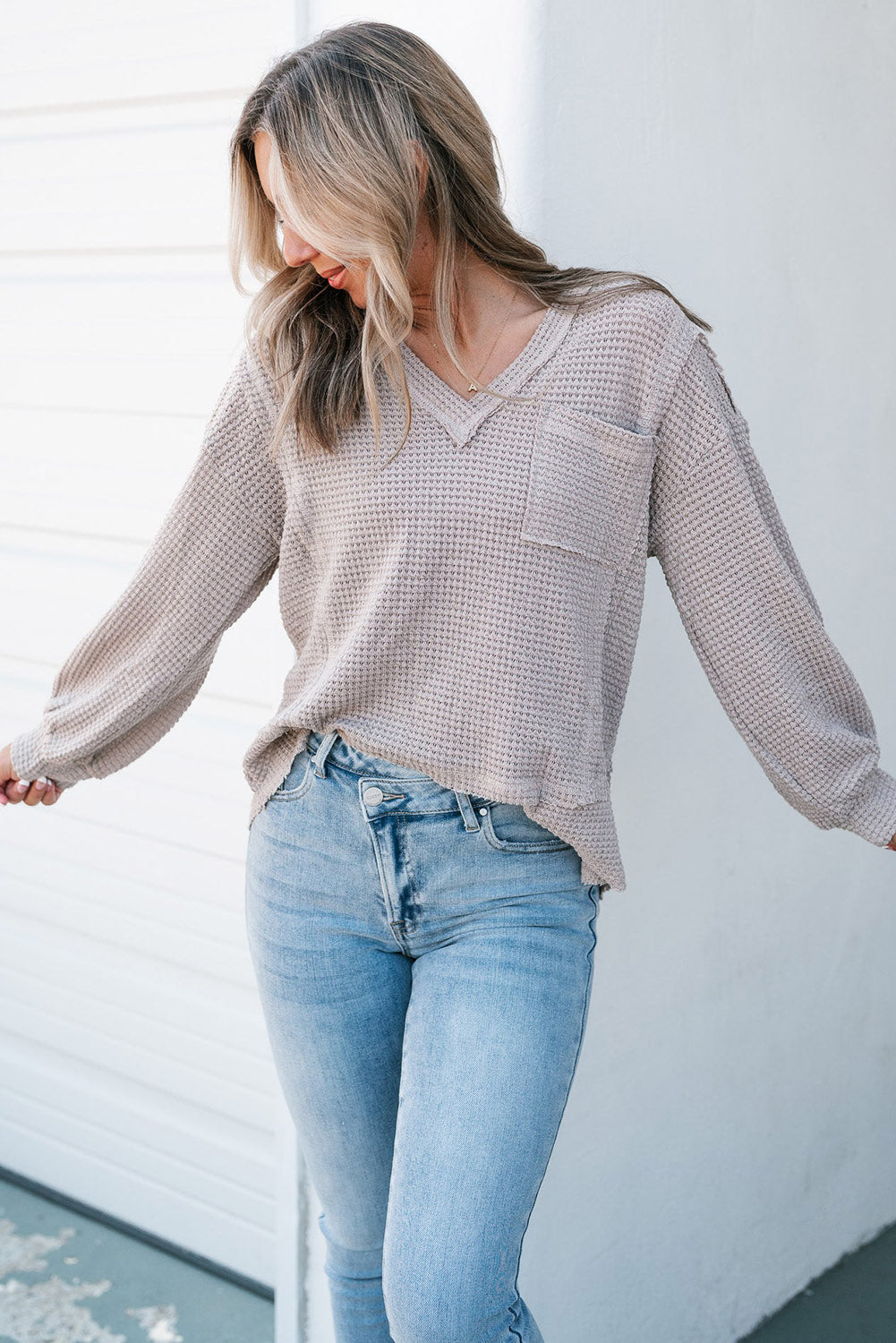 Light Grey Raw Edge Detail Waffle Knit V Neck Top