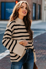 Khaki Striped Mock Neck Bell Sleeve Knit Sweater