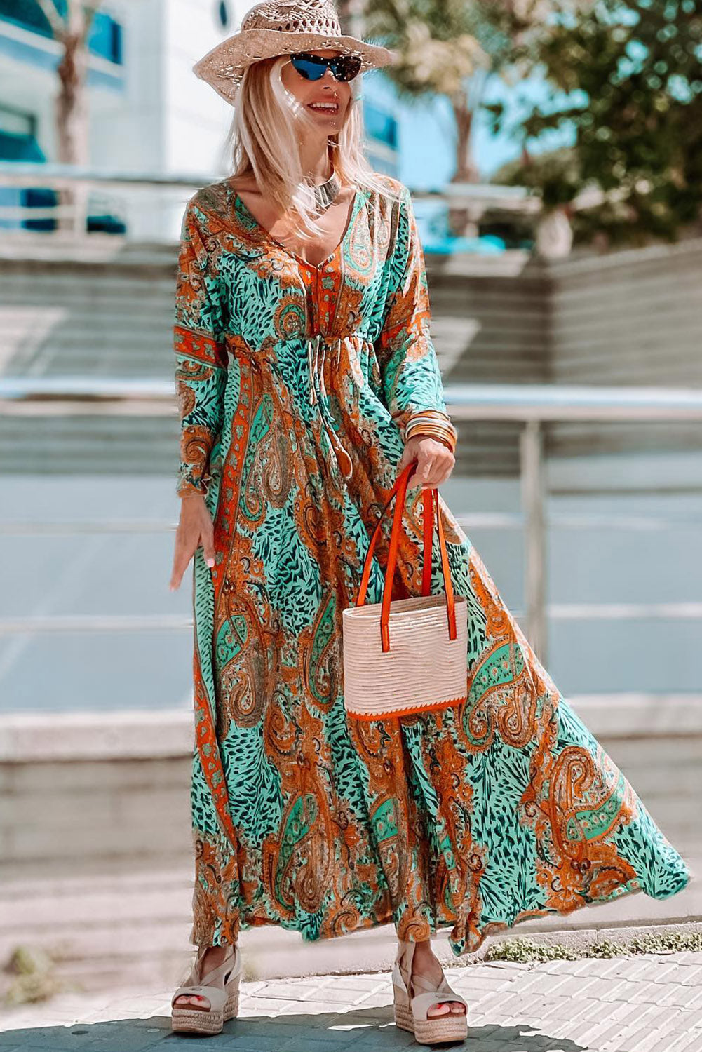 Green Boho Paisley Mix Print Long Sleeve V-Neck Tie Maxi Dress