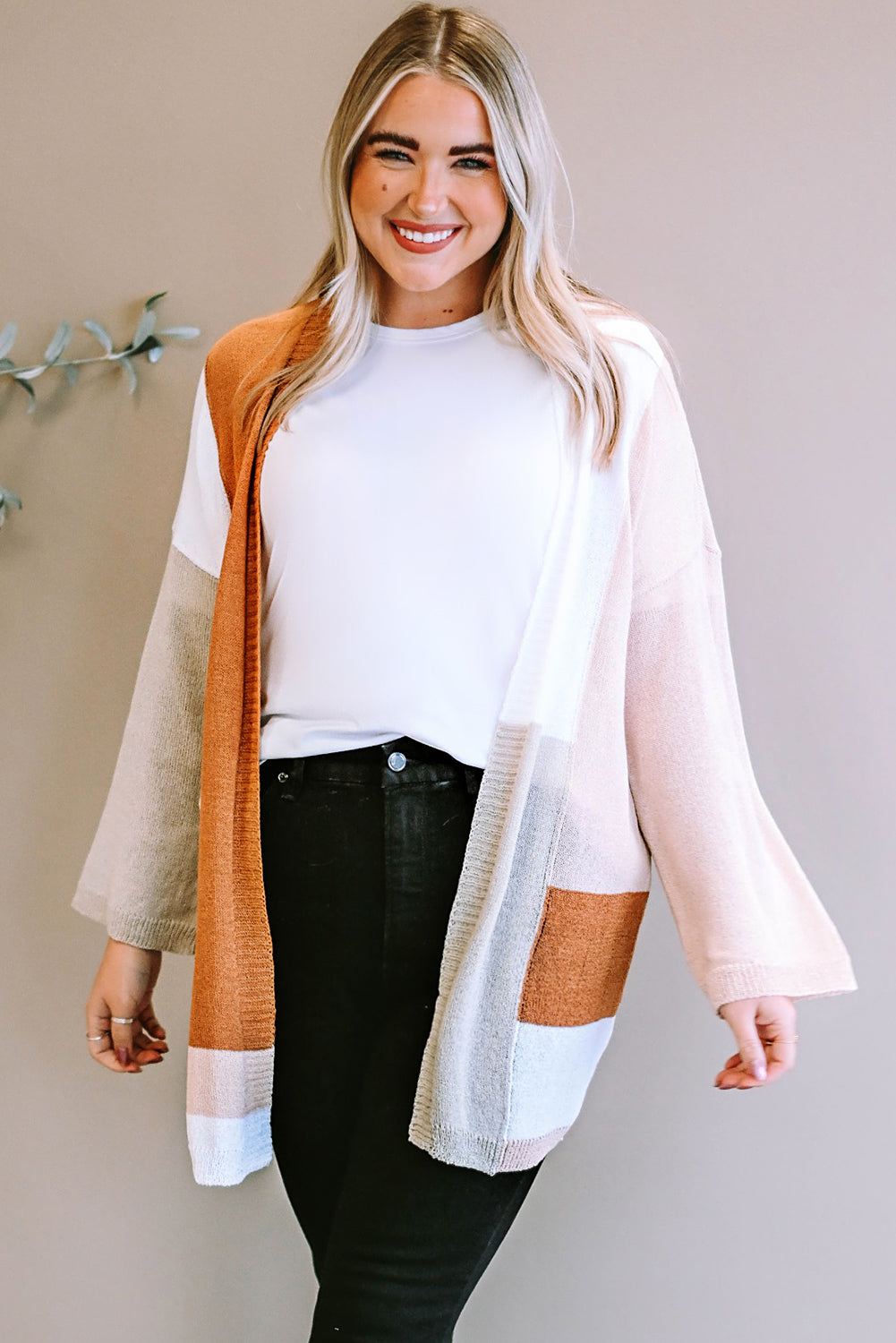 White Color Block Knit Plus Size Lightweight Cardigan