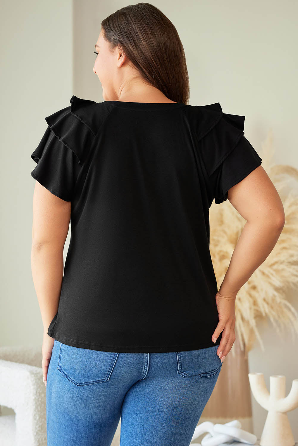 Black Plain Tiered Ruffled Short Sleeve T Shirt