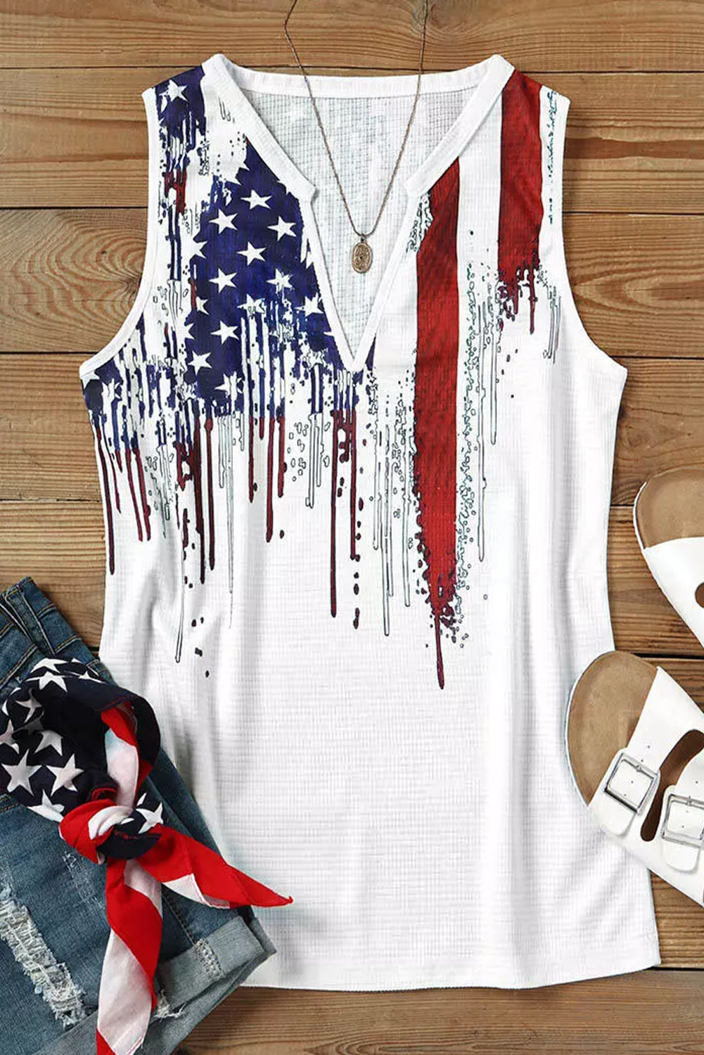 White American Flag Designful Print Notch V Neck Tank Top