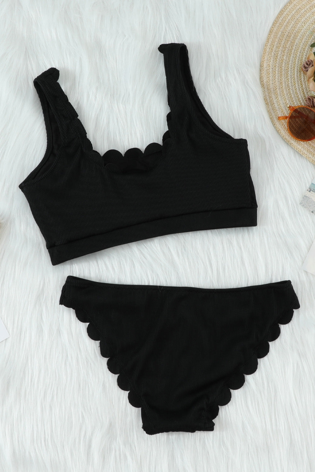 Black Scalloped Low Neck Ribbed Bikini Set