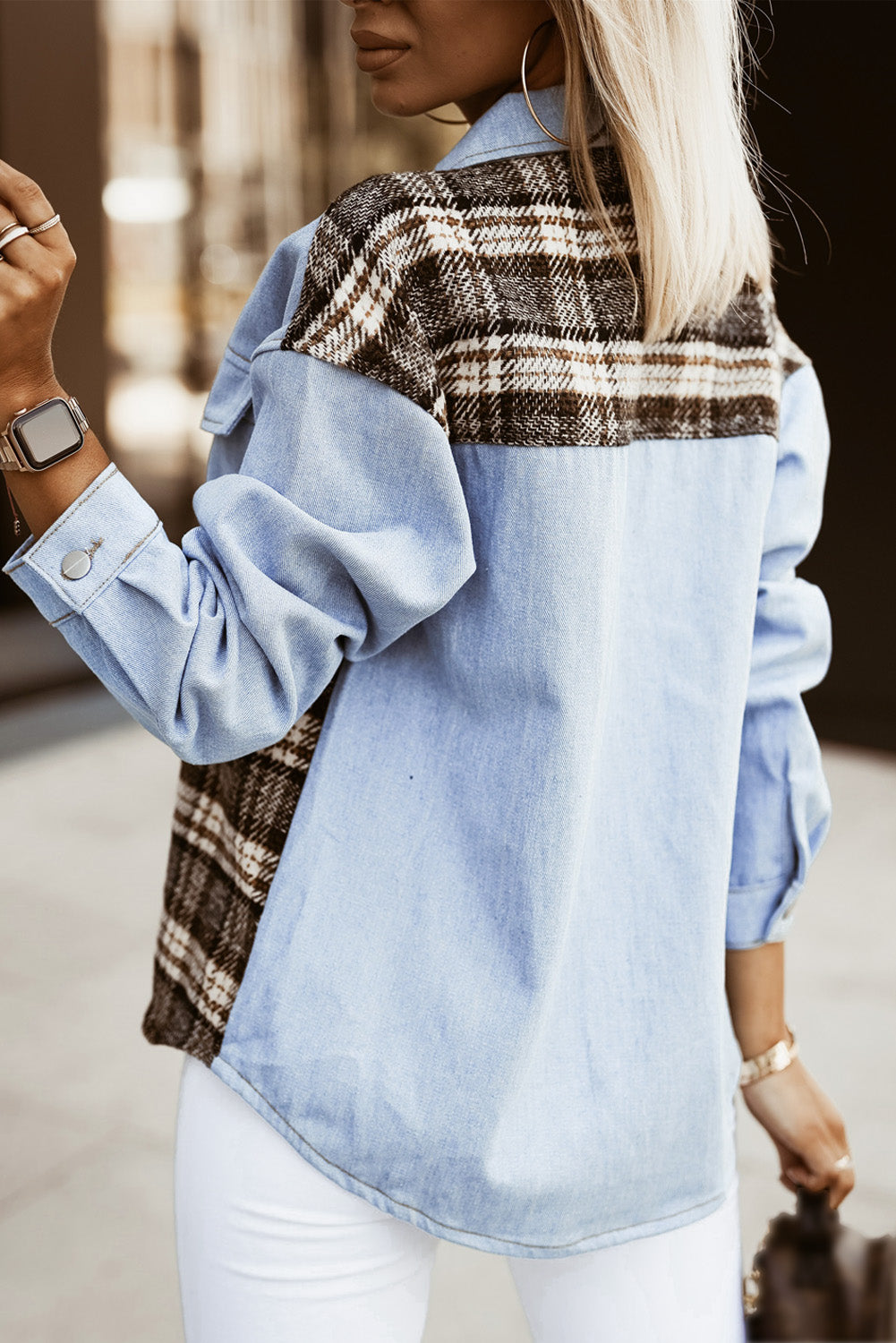 Sky Blue Plaid Patchwork Raw Hem Denim Jacket