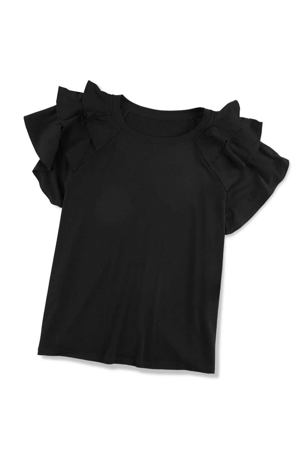 Black Plain Tiered Ruffled Short Sleeve T Shirt