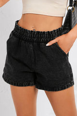 Black Retro Bleach-washed Ruffled Elastic High Waist Denim Shorts