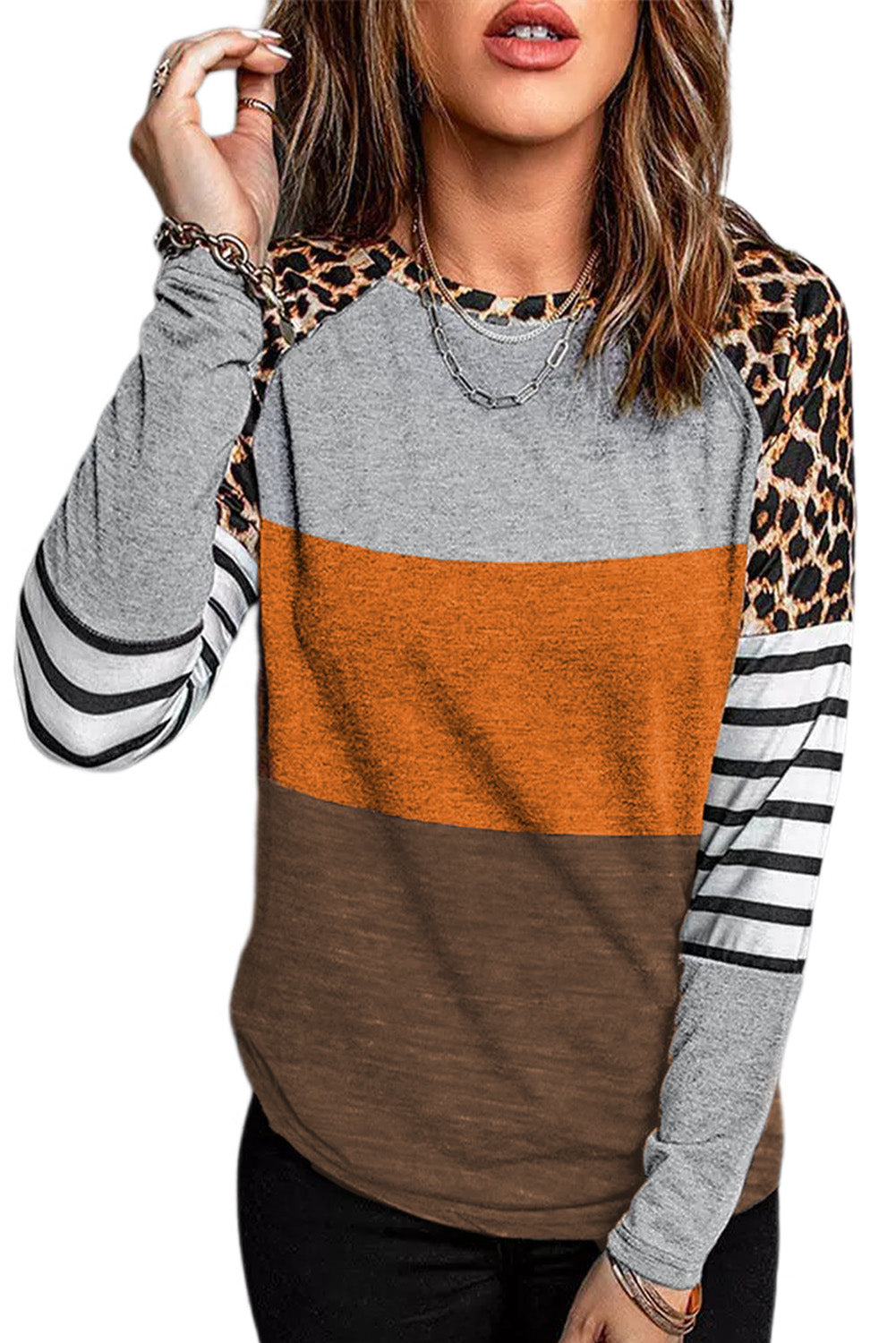 Gray Leopard Striped Color Block Long Sleeve Blouse