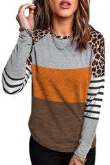 Gray Leopard Striped Color Block Long Sleeve Blouse