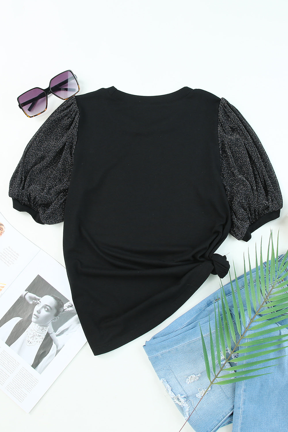 Black Metallic Puff Sleeve Crew Neck Top