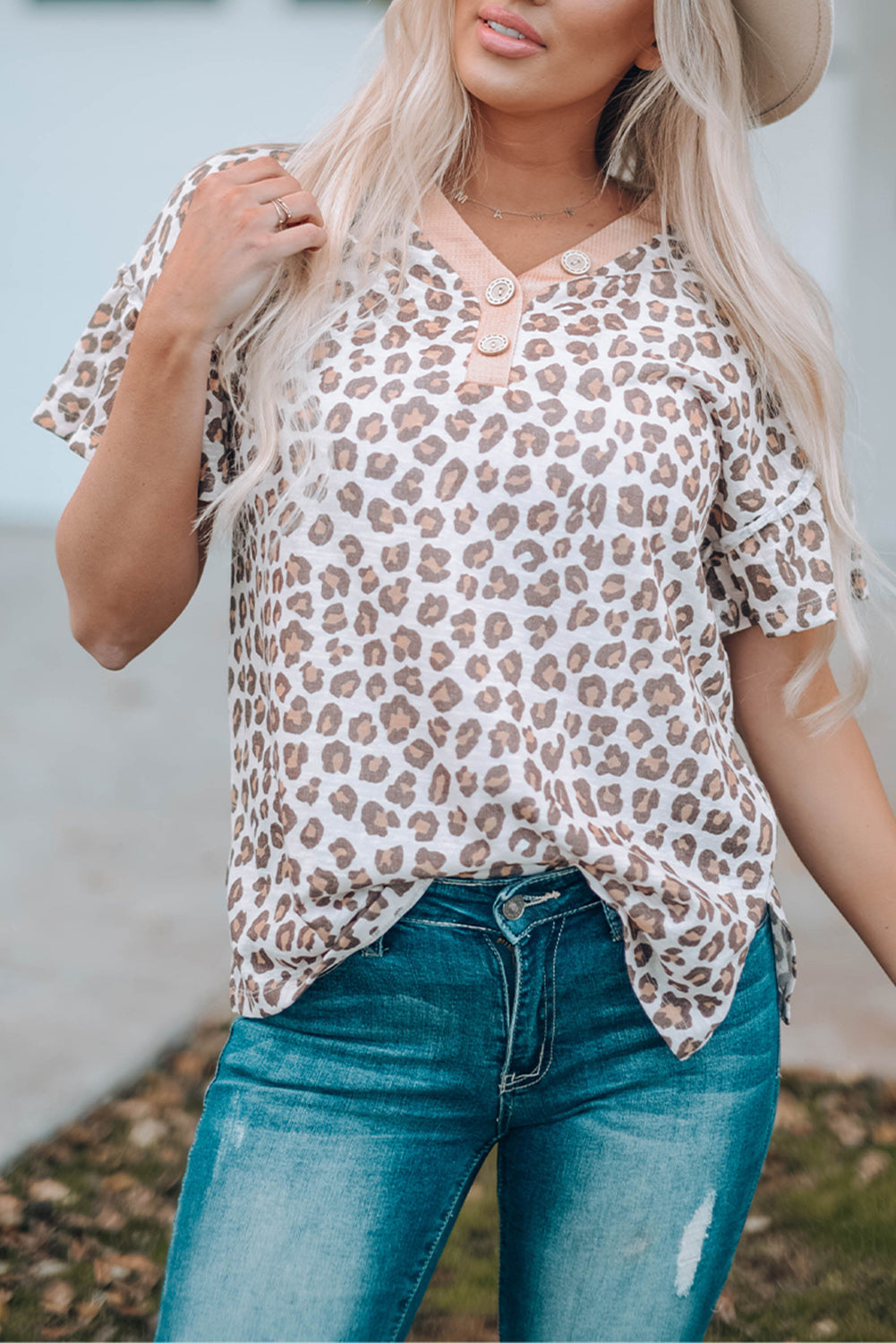 Buttons Neck Ruffled Sleeve Leopard Top