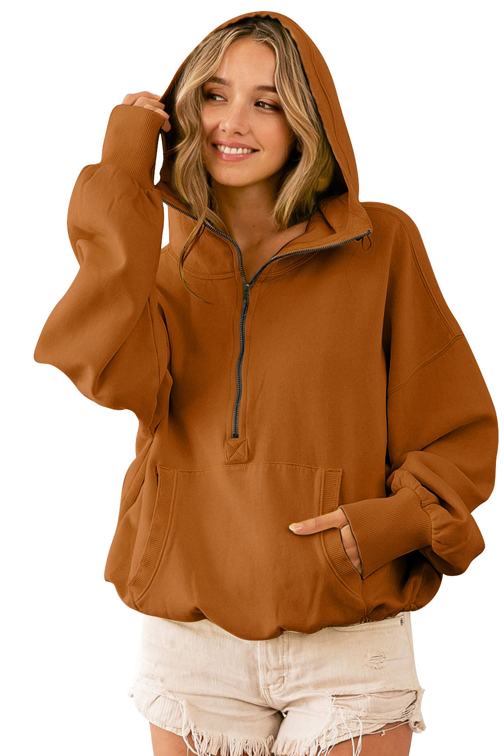 Gray Ribbed Trim Kangaroo Pocket Zipped Hoodie