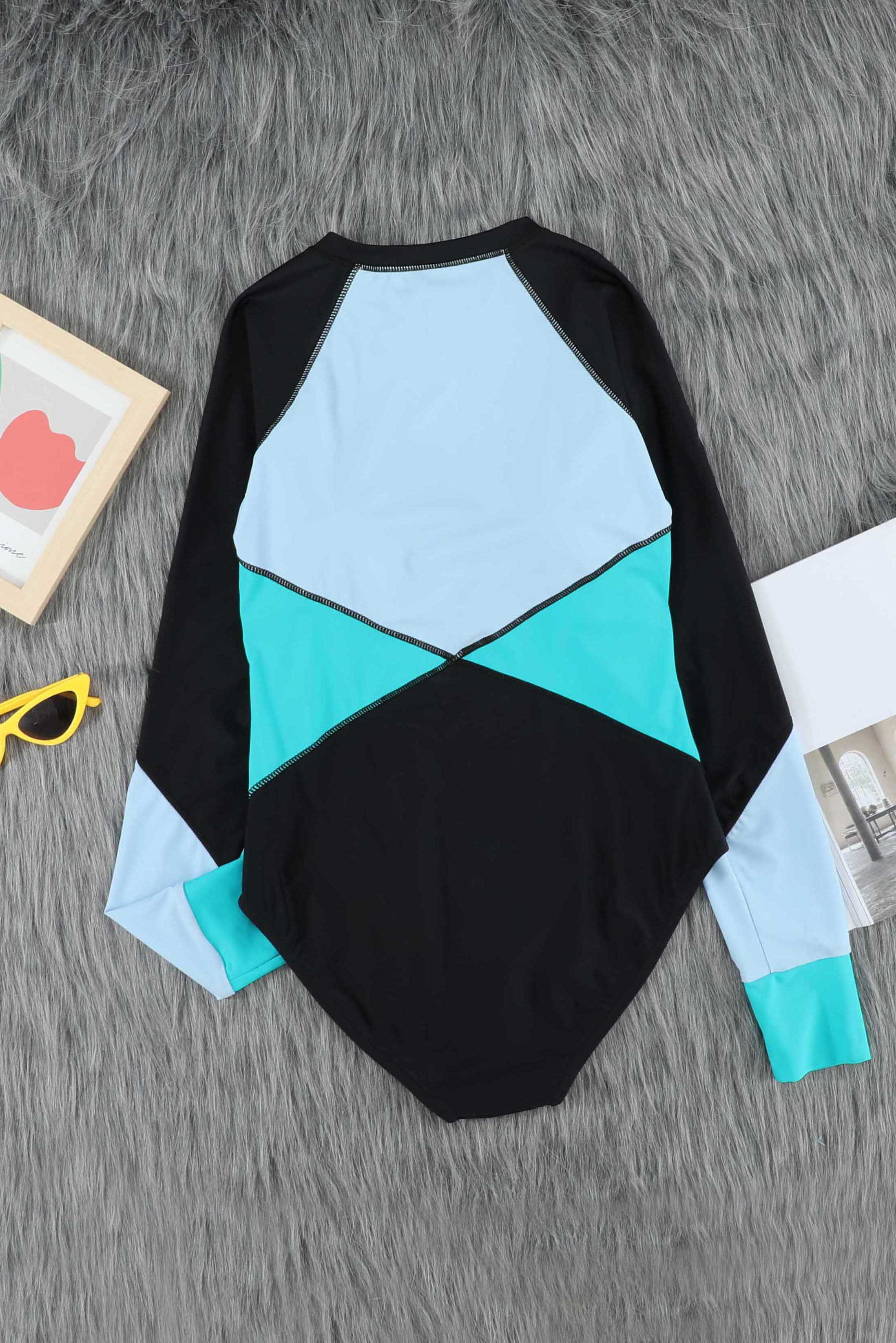 Blue Color Block Zipper Long Sleeve Rash Guard Swimwear