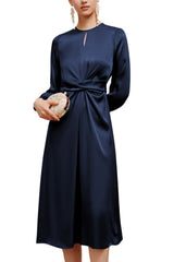 Blue Twist Front Tie Back Long Sleeve Satin Dress