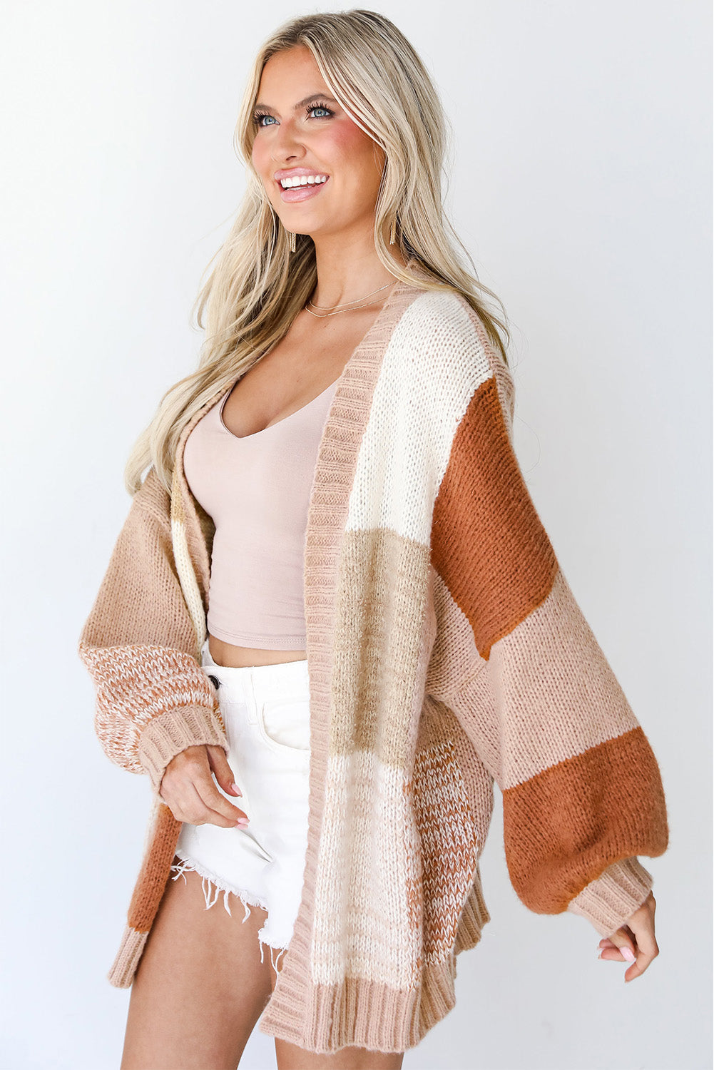 Khaki Checkered Pattern Open Front Drop Shoulder Slouchy Cardigan