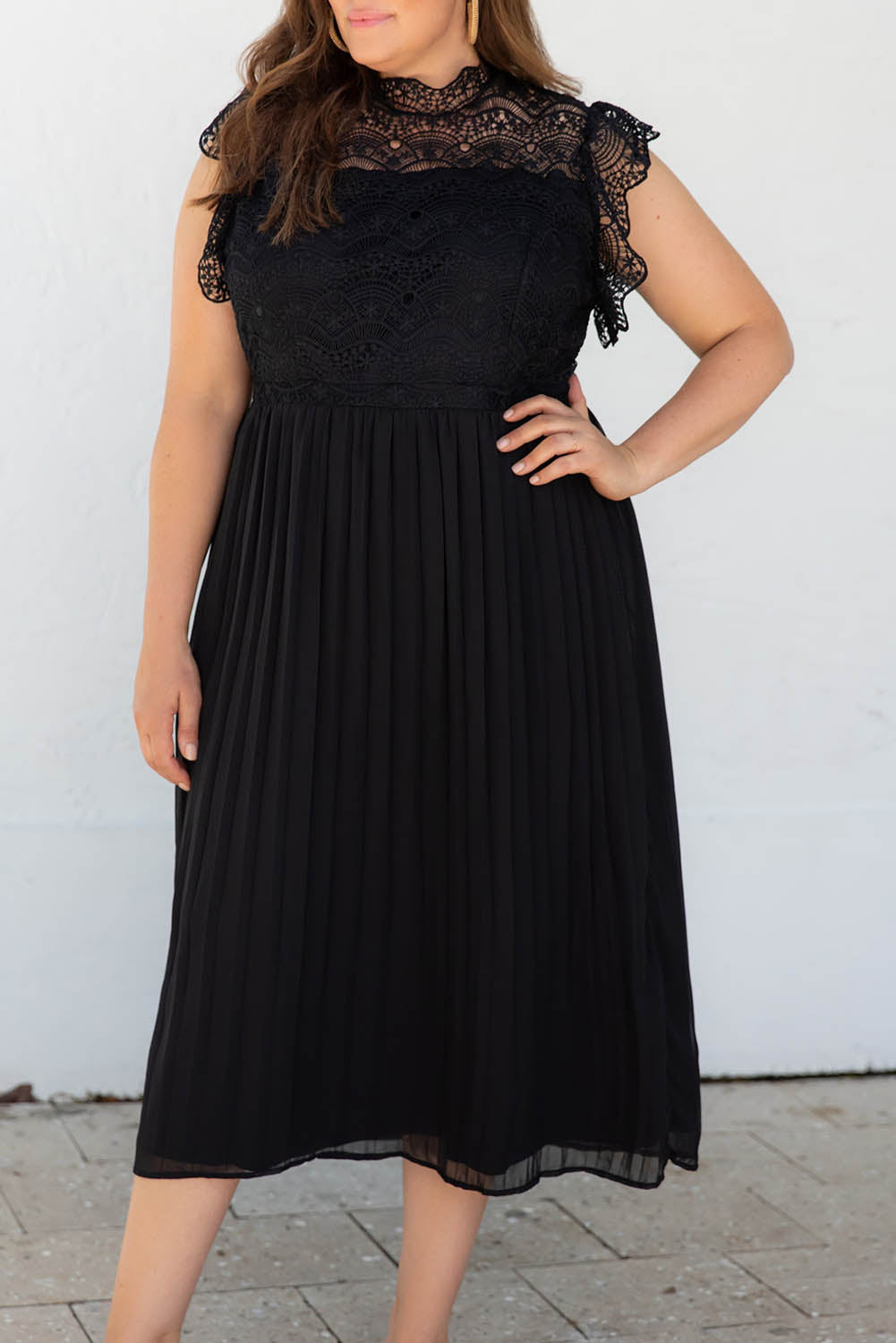 Black Plus Size Lace Bodice High Neck Flowy Pleated Dress