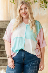 Sky Blue Plus Size Color Block Outseam Knit Top