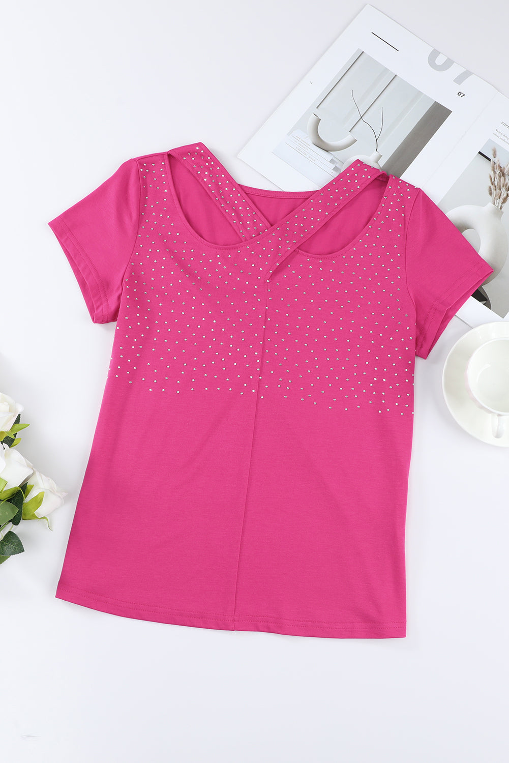 Rose Rhinestone Criss Cross Short Sleeve T Shirt