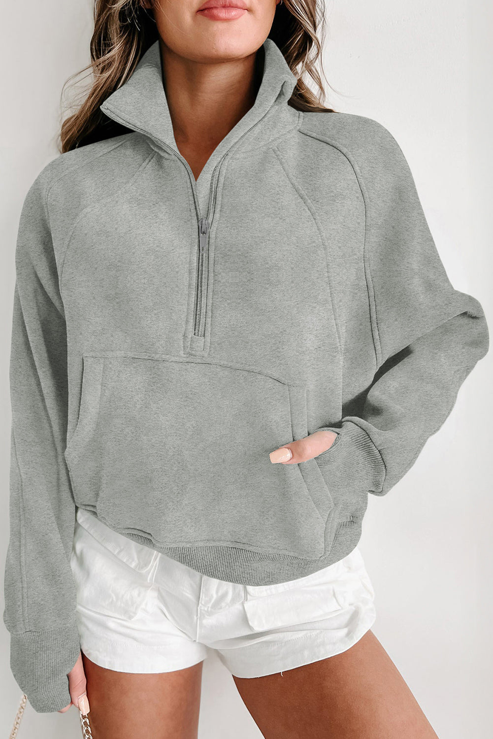 Green Zip Up Stand Collar Ribbed Thumbhole Sleeve Sweatshirt