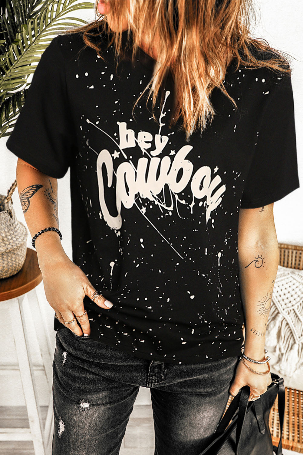 Black Hey Cowboy Vintage Splashed T Shirt