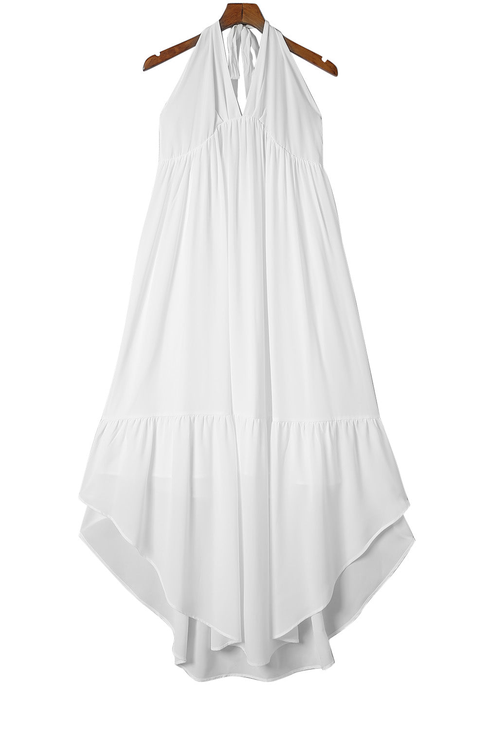 White Halter Neck Deep V Backless Asymmetric Maxi Dress